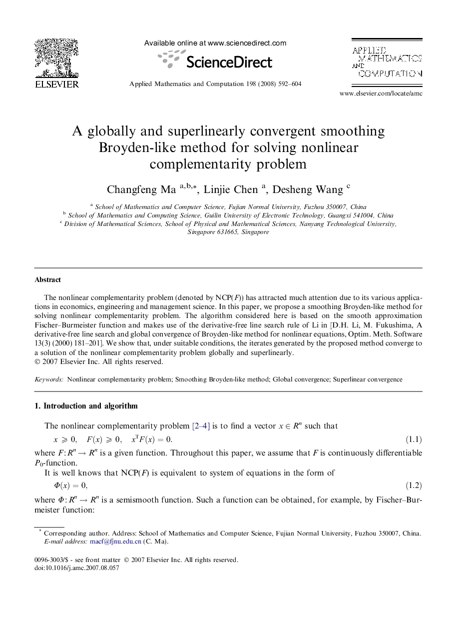 A globally and superlinearly convergent smoothing Broyden-like method for solving nonlinear complementarity problem