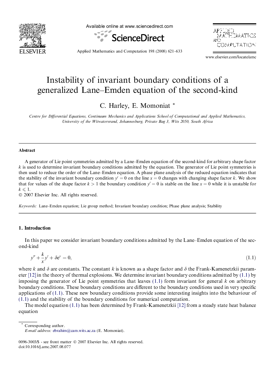 Instability of invariant boundary conditions of a generalized Lane-Emden equation of the second-kind