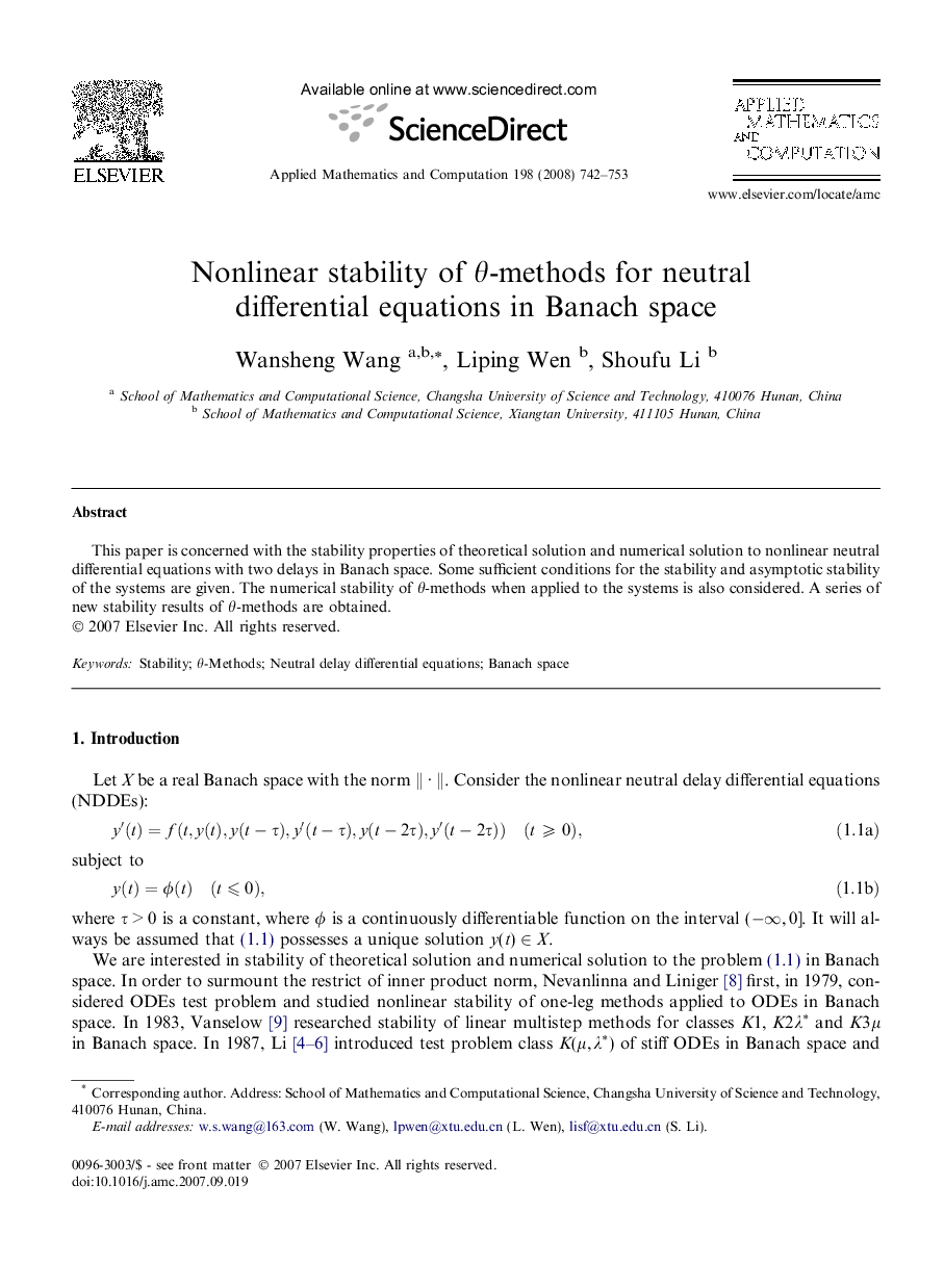 Nonlinear stability of Î¸-methods for neutral differential equations in Banach space