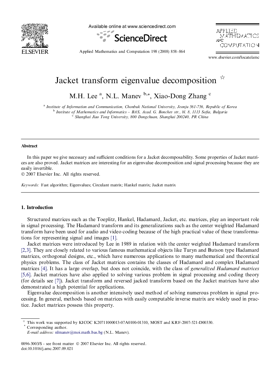 Jacket transform eigenvalue decomposition 