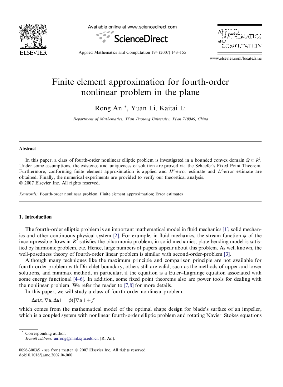 Finite element approximation for fourth-order nonlinear problem in the plane