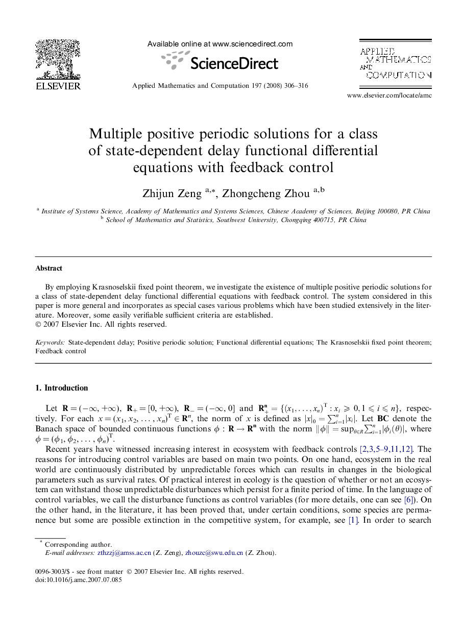 Multiple positive periodic solutions for a class of state-dependent delay functional differential equations with feedback control