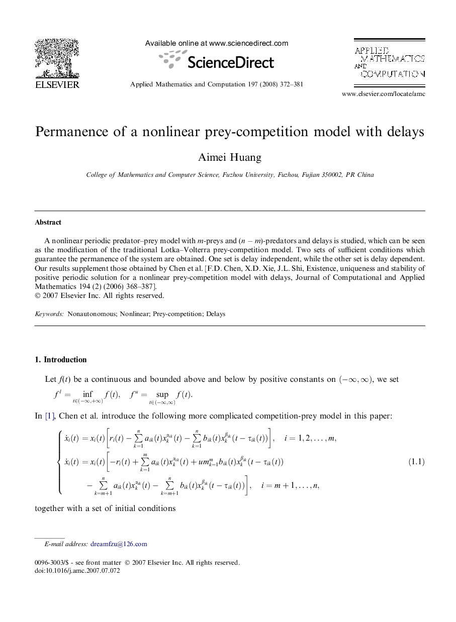 Permanence of a nonlinear prey-competition model with delays