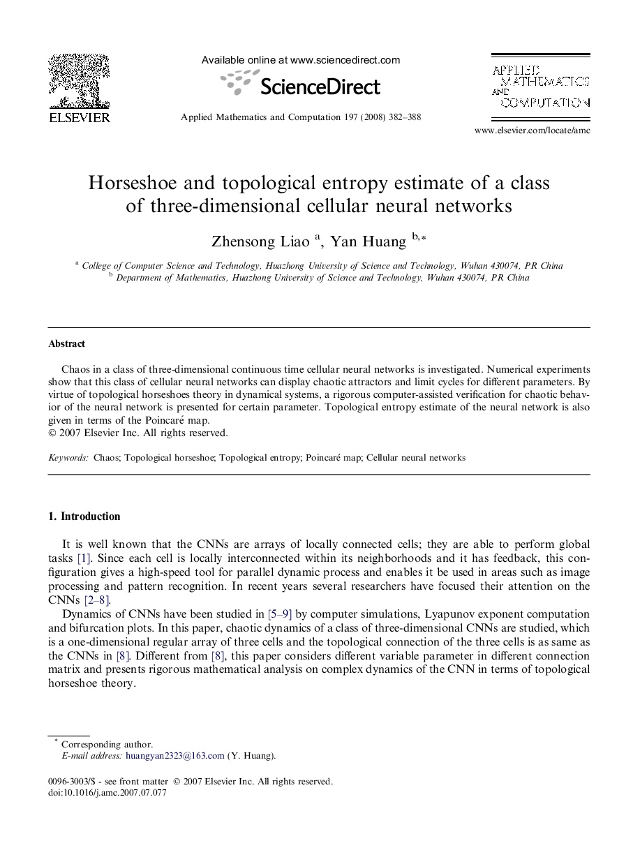 Horseshoe and topological entropy estimate of a class of three-dimensional cellular neural networks