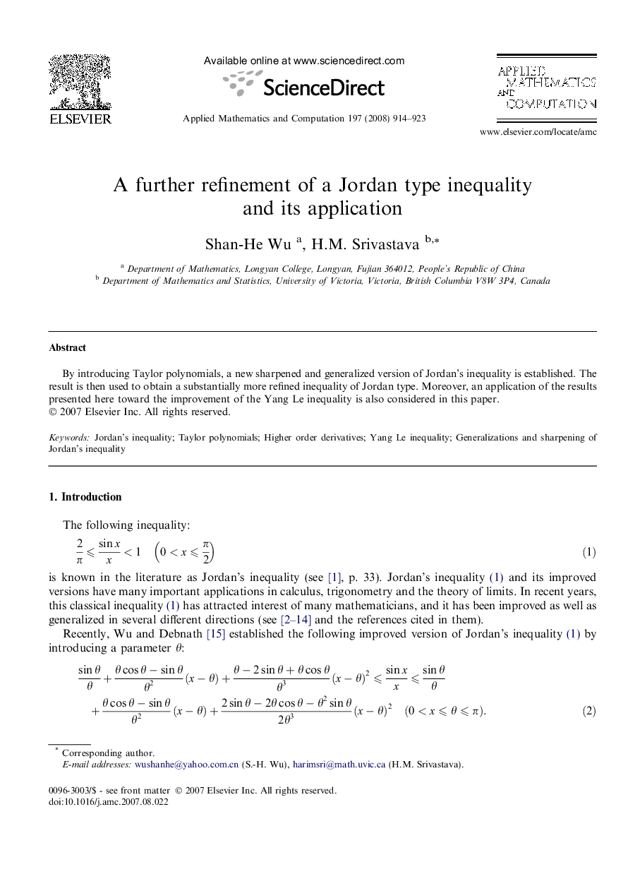 A further refinement of a Jordan type inequality and its application