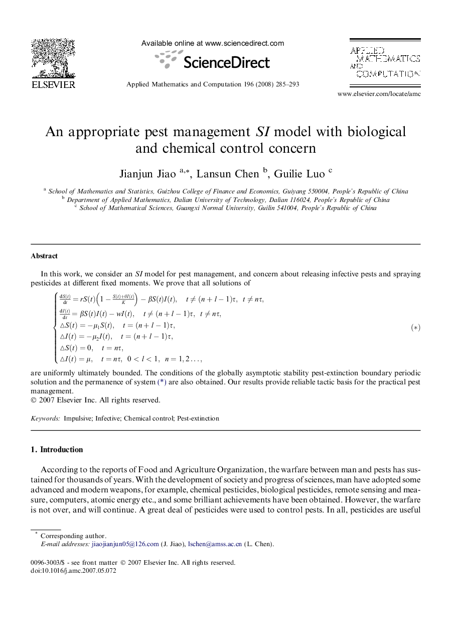 An appropriate pest management SI model with biological and chemical control concern