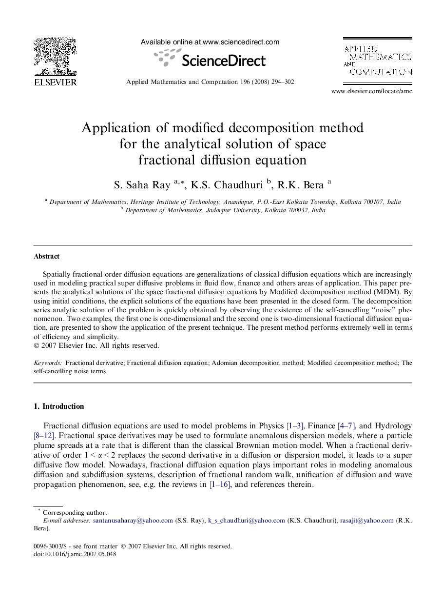 Application of modified decomposition method for the analytical solution of space fractional diffusion equation