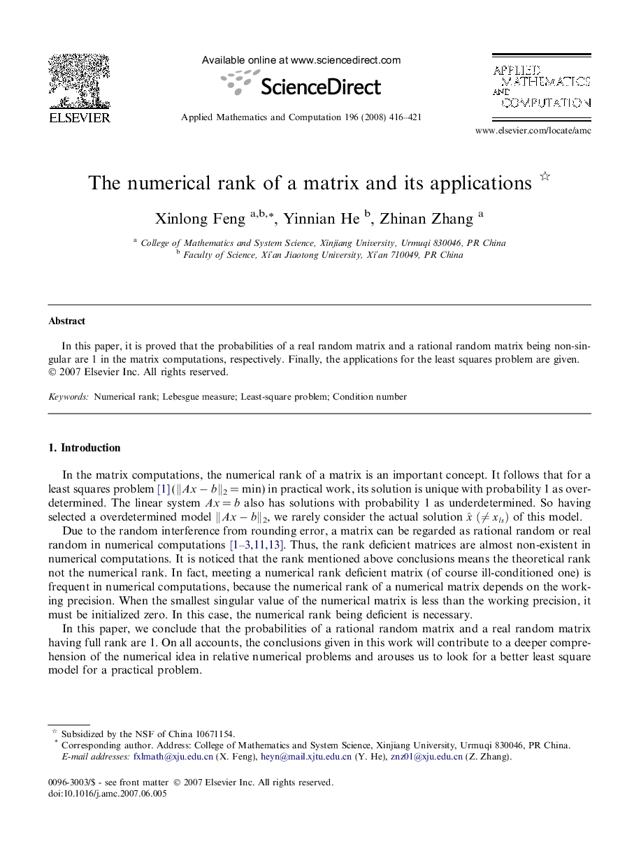 The numerical rank of a matrix and its applications