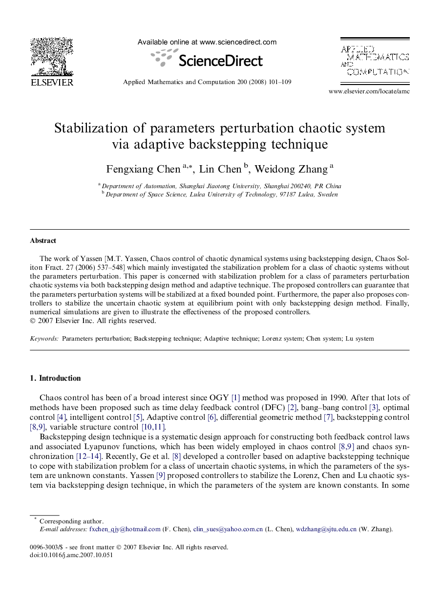 Stabilization of parameters perturbation chaotic system via adaptive backstepping technique