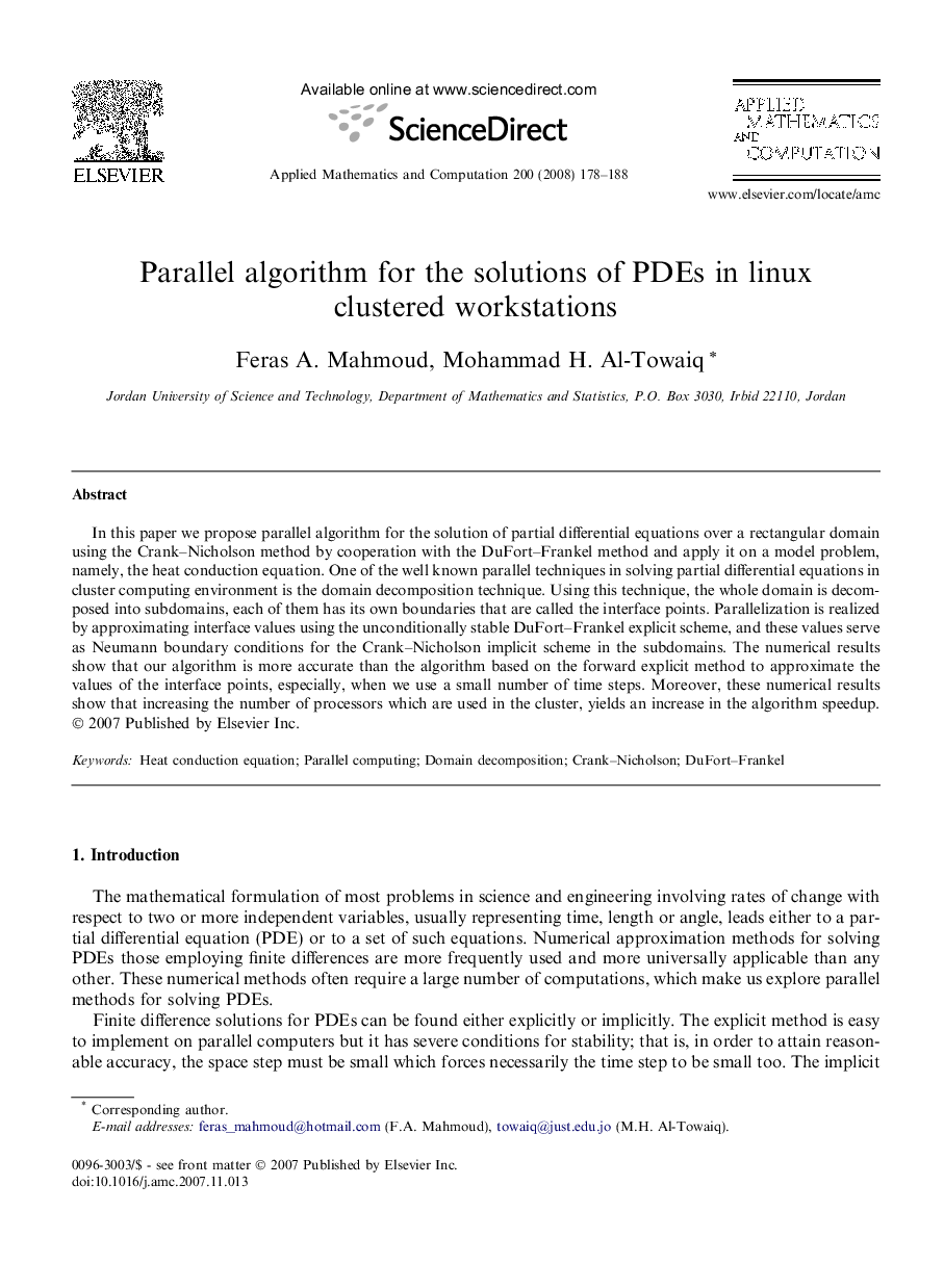 Parallel algorithm for the solutions of PDEs in linux clustered workstations