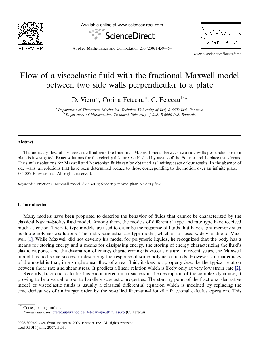 Flow of a viscoelastic fluid with the fractional Maxwell model between two side walls perpendicular to a plate