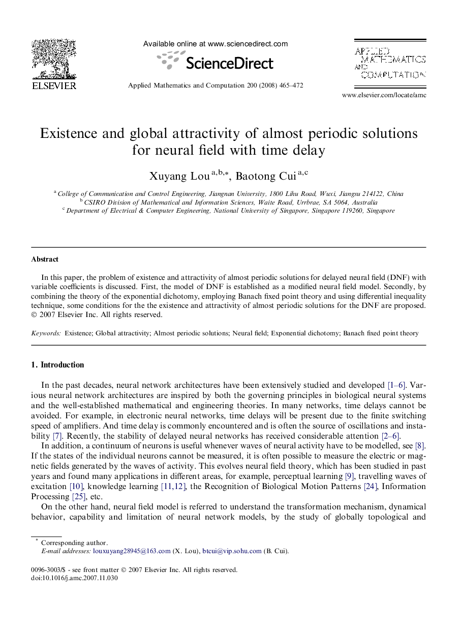 Existence and global attractivity of almost periodic solutions for neural field with time delay