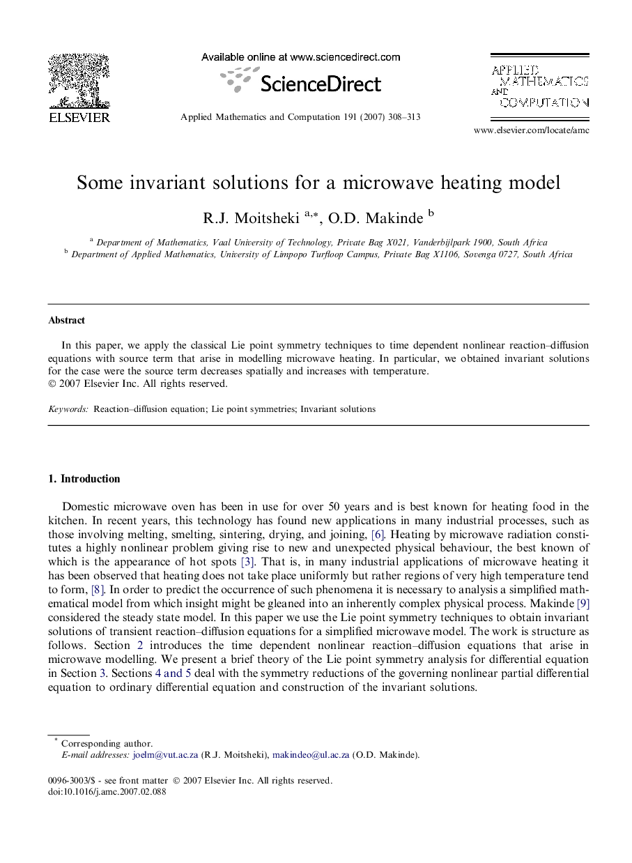 Some invariant solutions for a microwave heating model