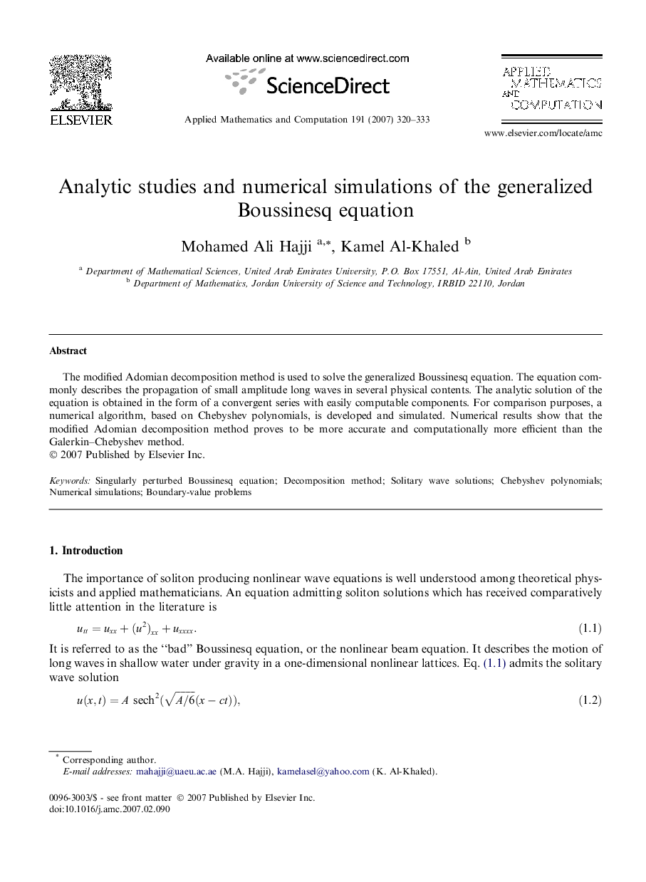 Analytic studies and numerical simulations of the generalized Boussinesq equation