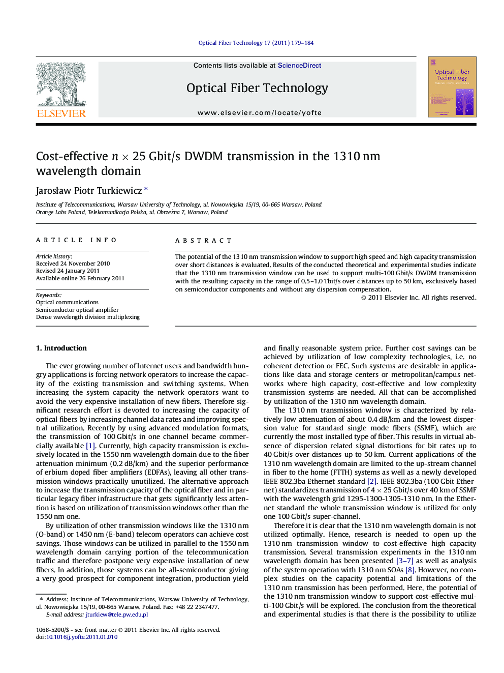 Cost-effective n × 25 Gbit/s DWDM transmission in the 1310 nm wavelength domain