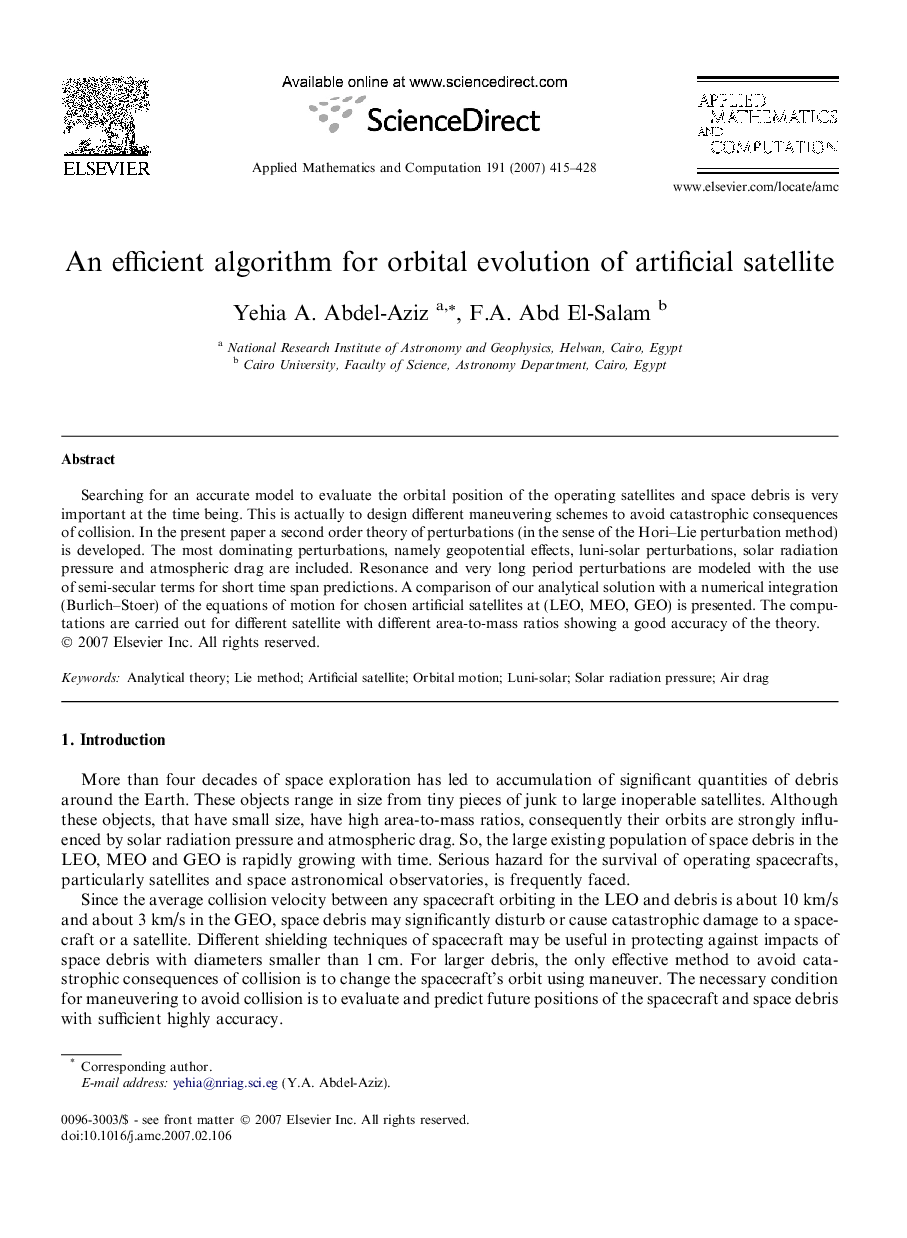 An efficient algorithm for orbital evolution of artificial satellite