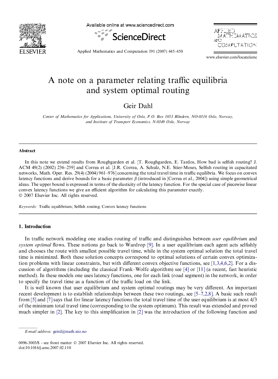 A note on a parameter relating traffic equilibria and system optimal routing