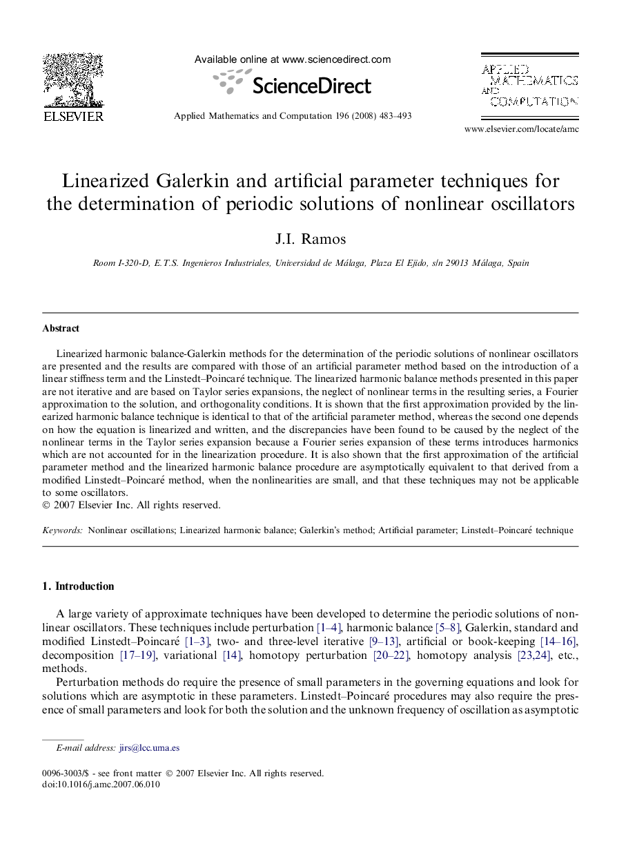 Linearized Galerkin and artificial parameter techniques for the determination of periodic solutions of nonlinear oscillators