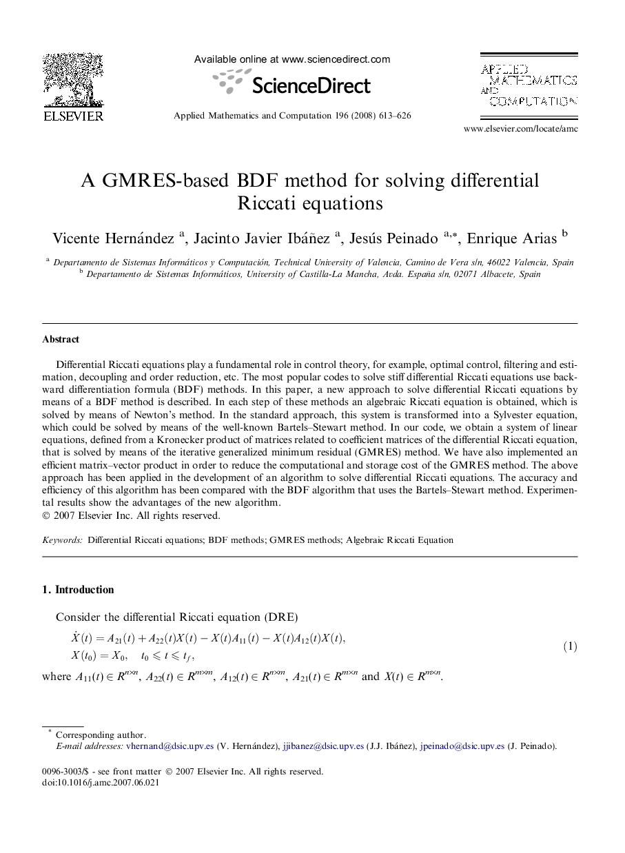 A GMRES-based BDF method for solving differential Riccati equations