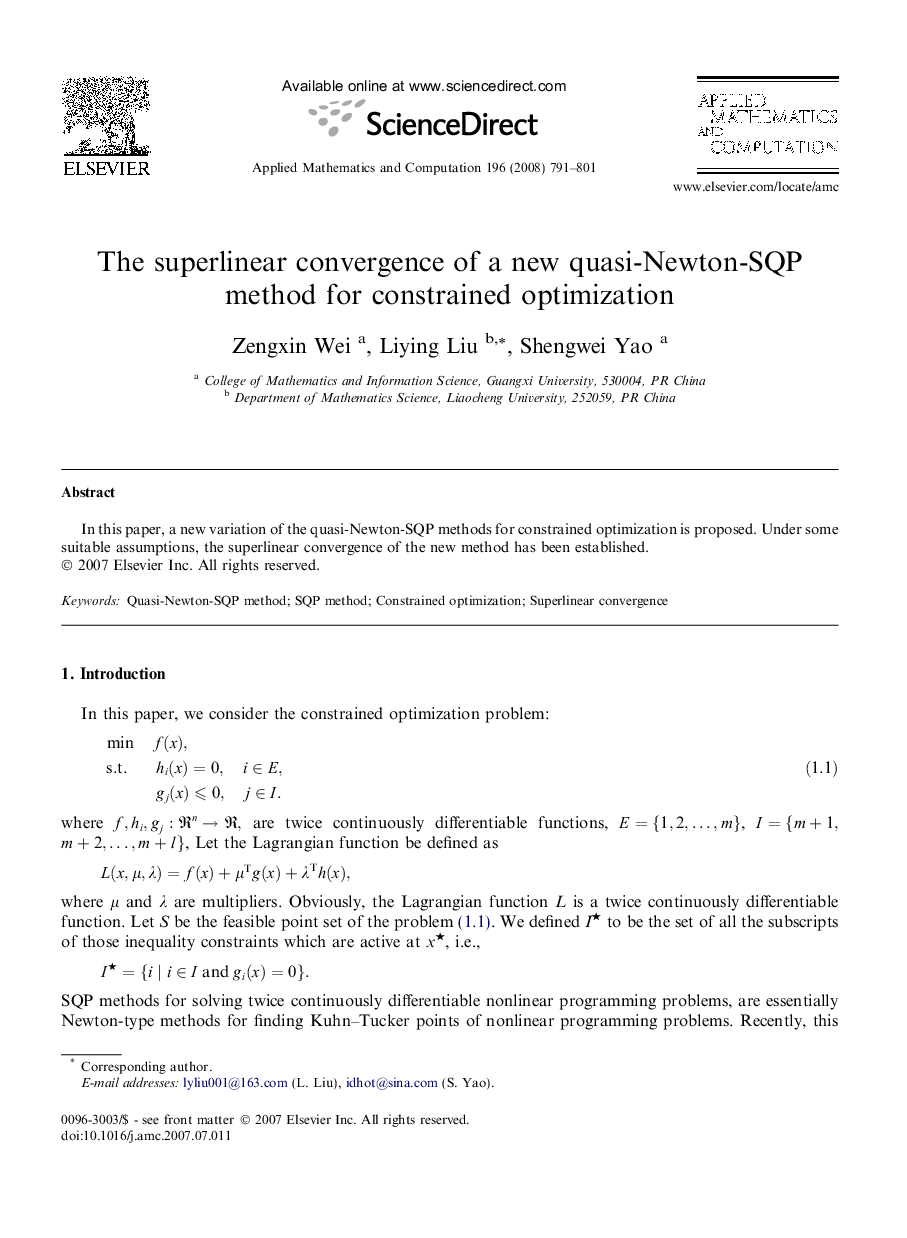 The superlinear convergence of a new quasi-Newton-SQP method for constrained optimization