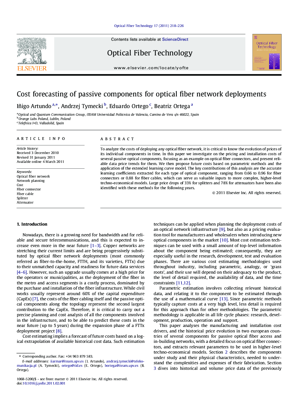 عکس صفحه اول مقاله: Cost forecasting of passive components for optical fiber network deployments Cost forecasting of passive components for optical fiber network deployments