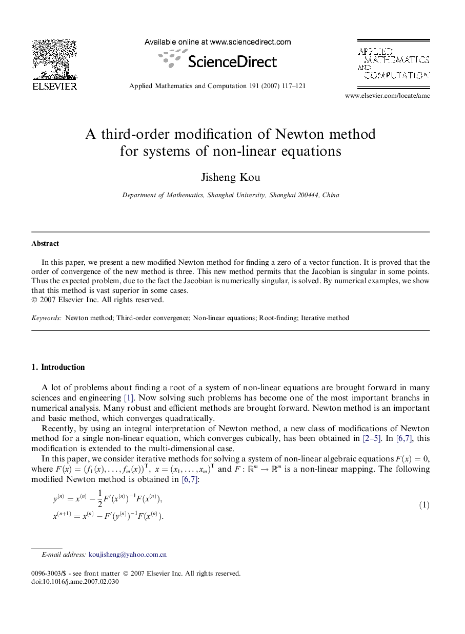 A third-order modification of Newton method for systems of non-linear equations