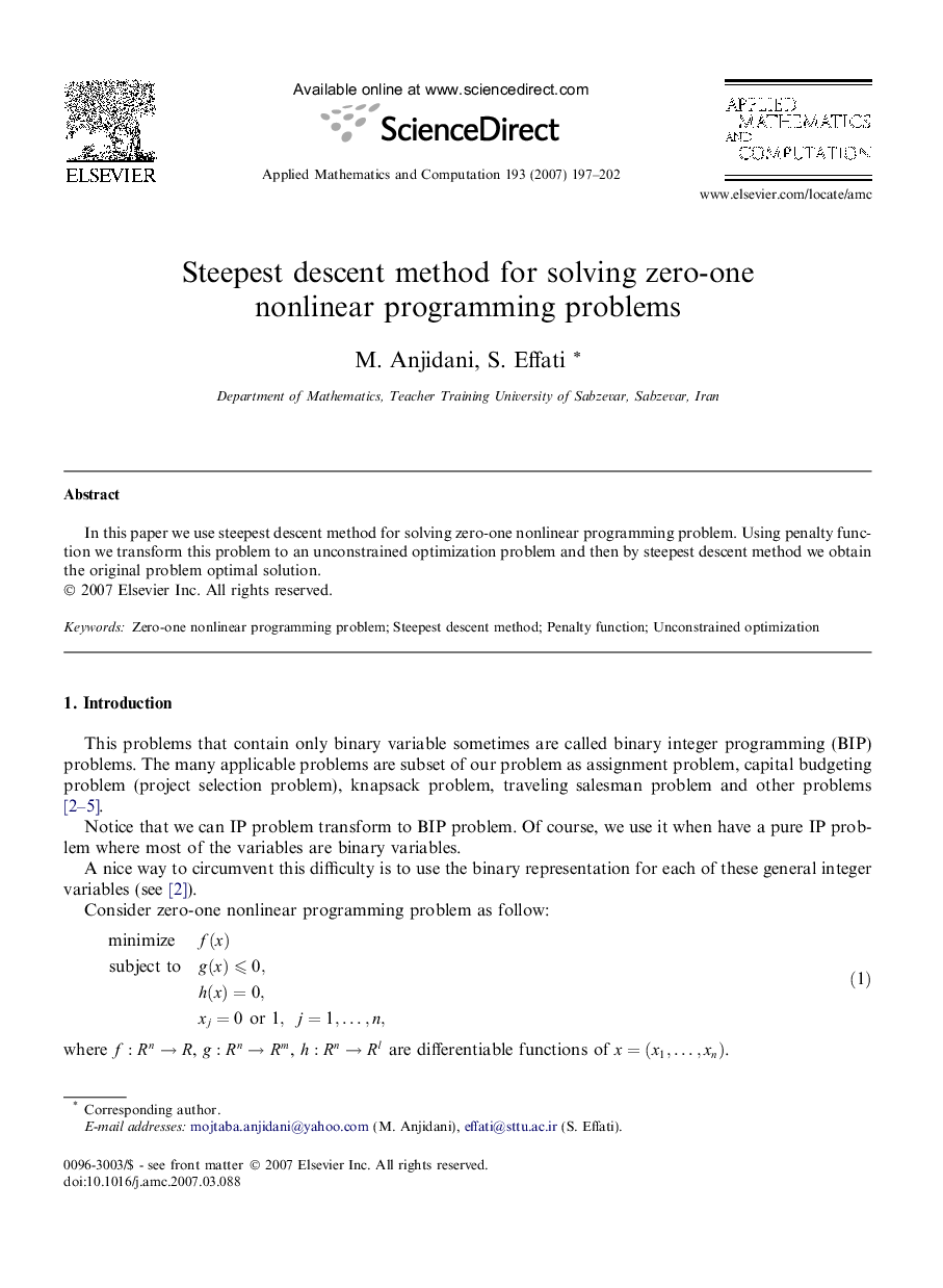 Steepest descent method for solving zero-one nonlinear programming problems