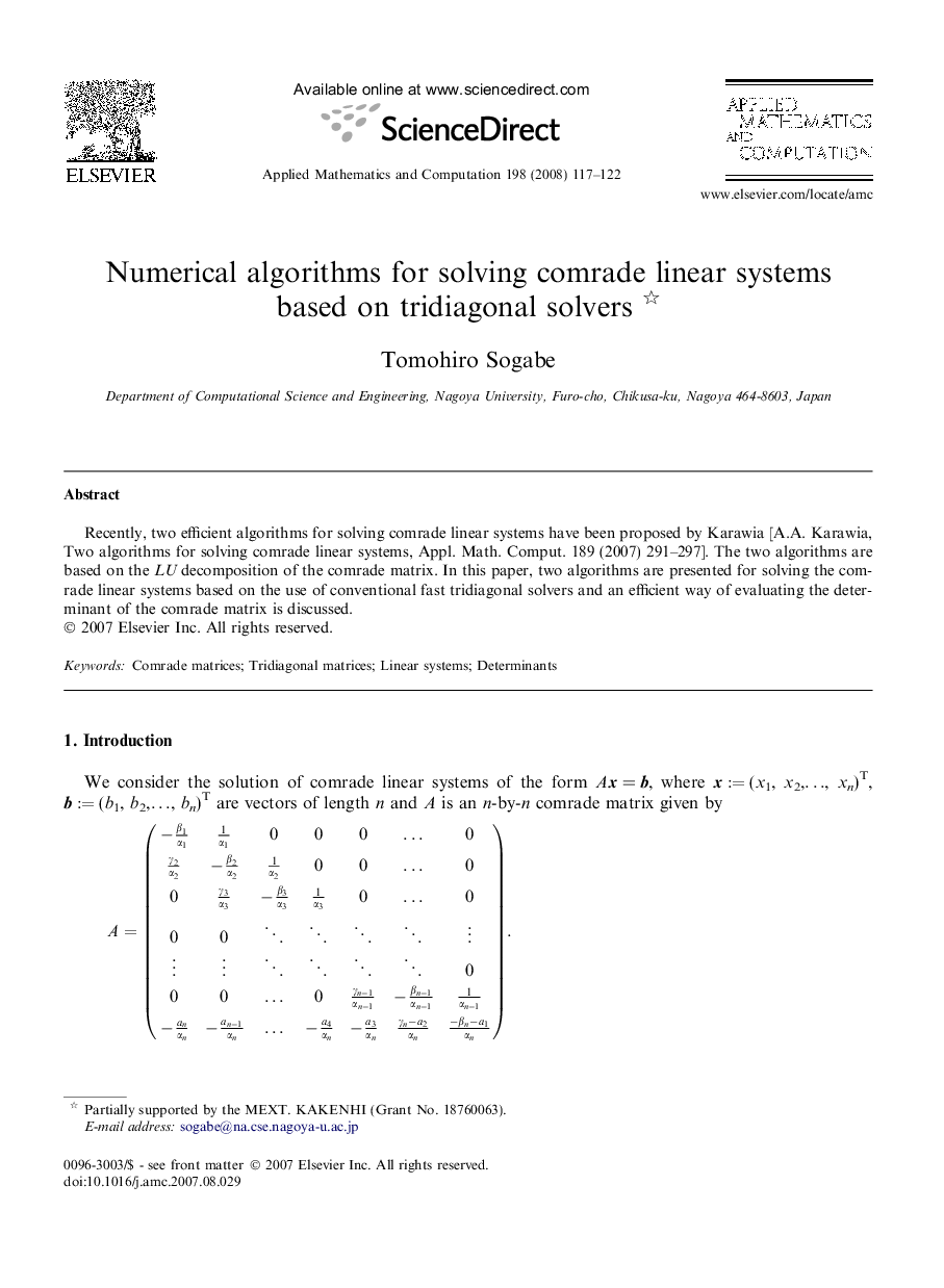 Numerical algorithms for solving comrade linear systems based on tridiagonal solvers 
