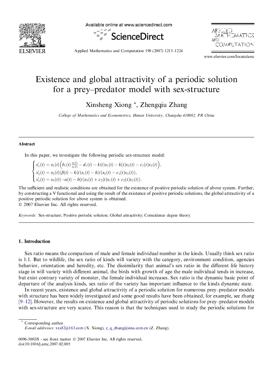 Existence and global attractivity of a periodic solution for a prey-predator model with sex-structure