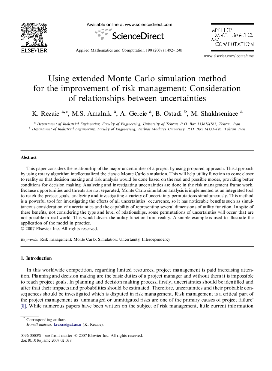 Using extended Monte Carlo simulation method for the improvement of risk management: Consideration of relationships between uncertainties