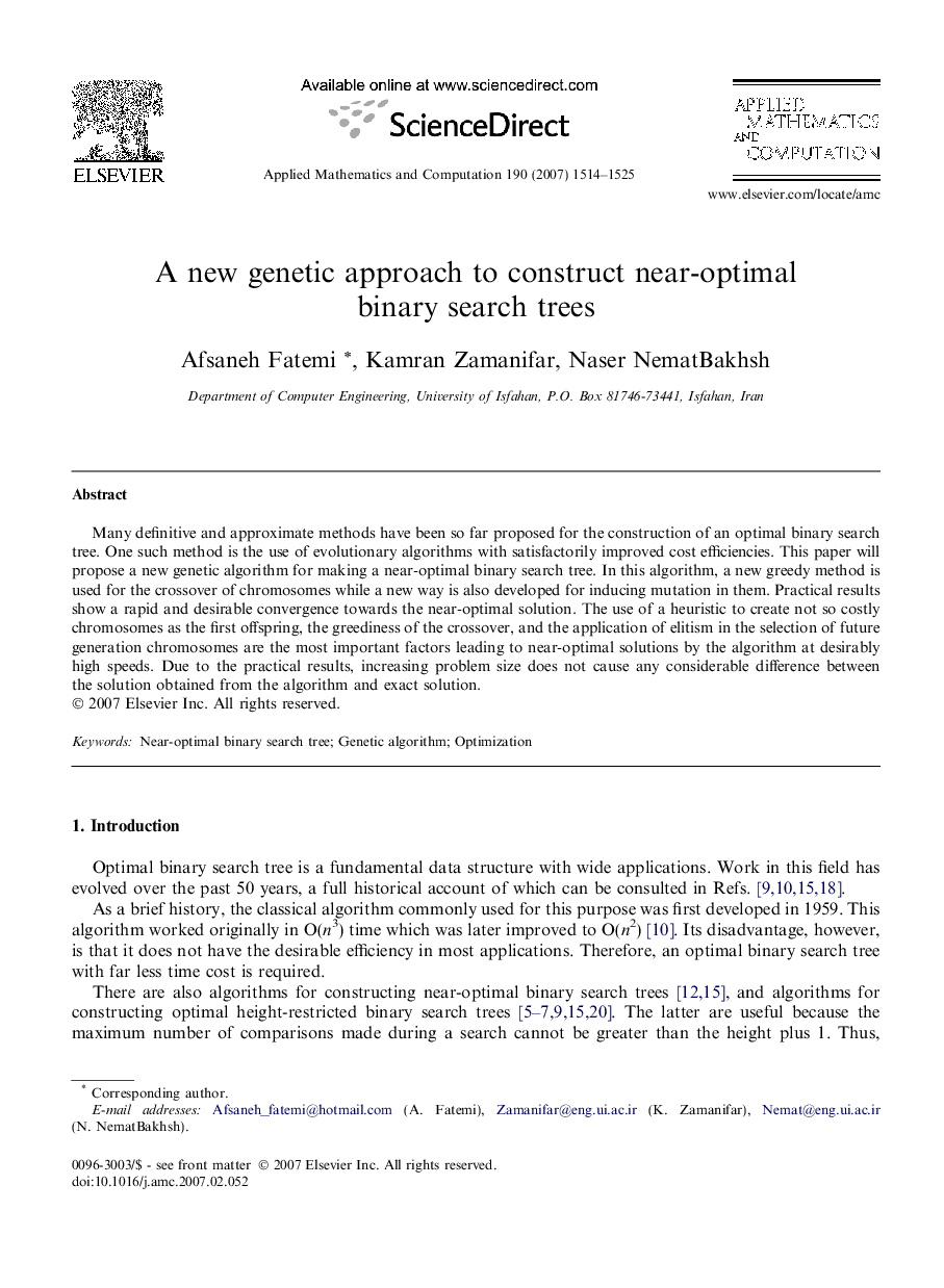 A new genetic approach to construct near-optimal binary search trees