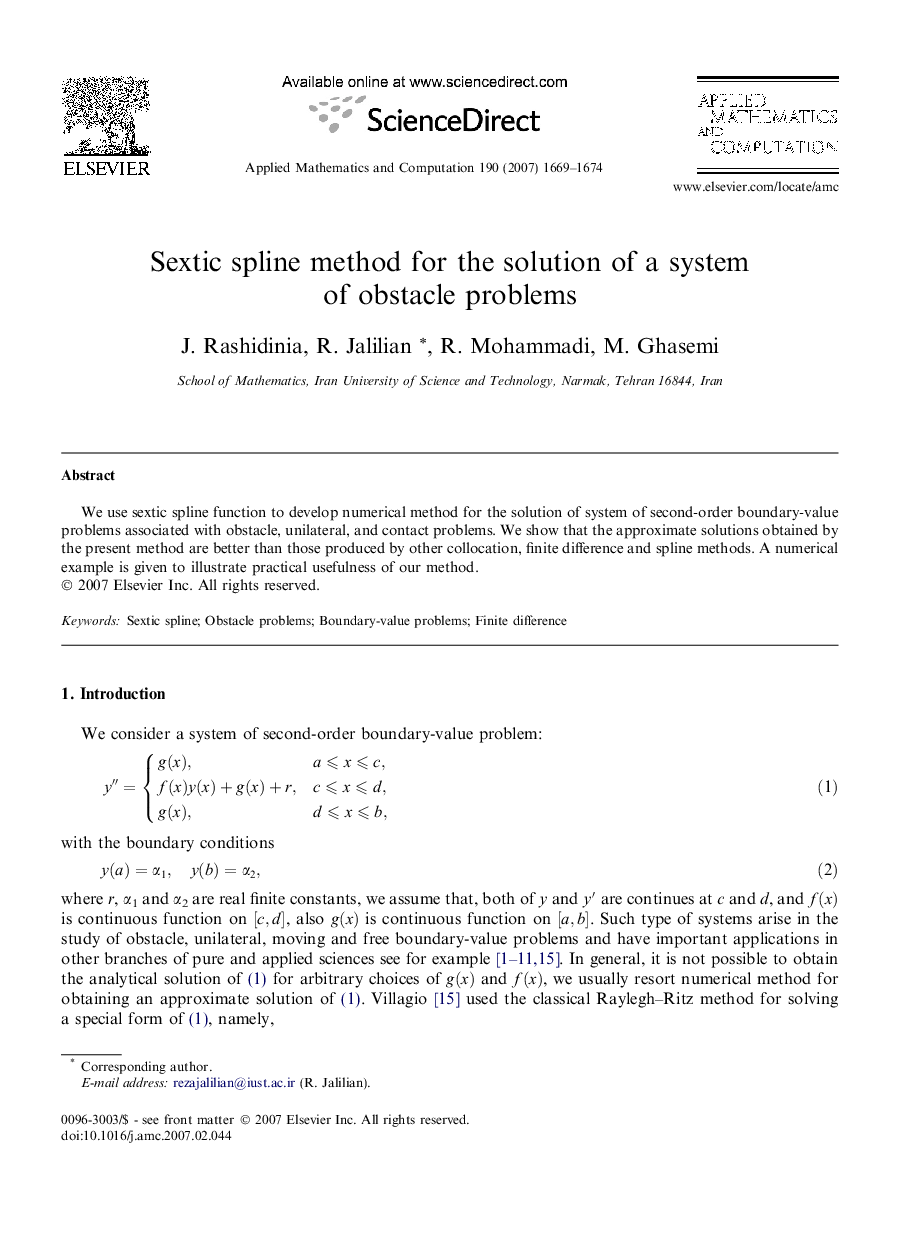 Sextic spline method for the solution of a system of obstacle problems