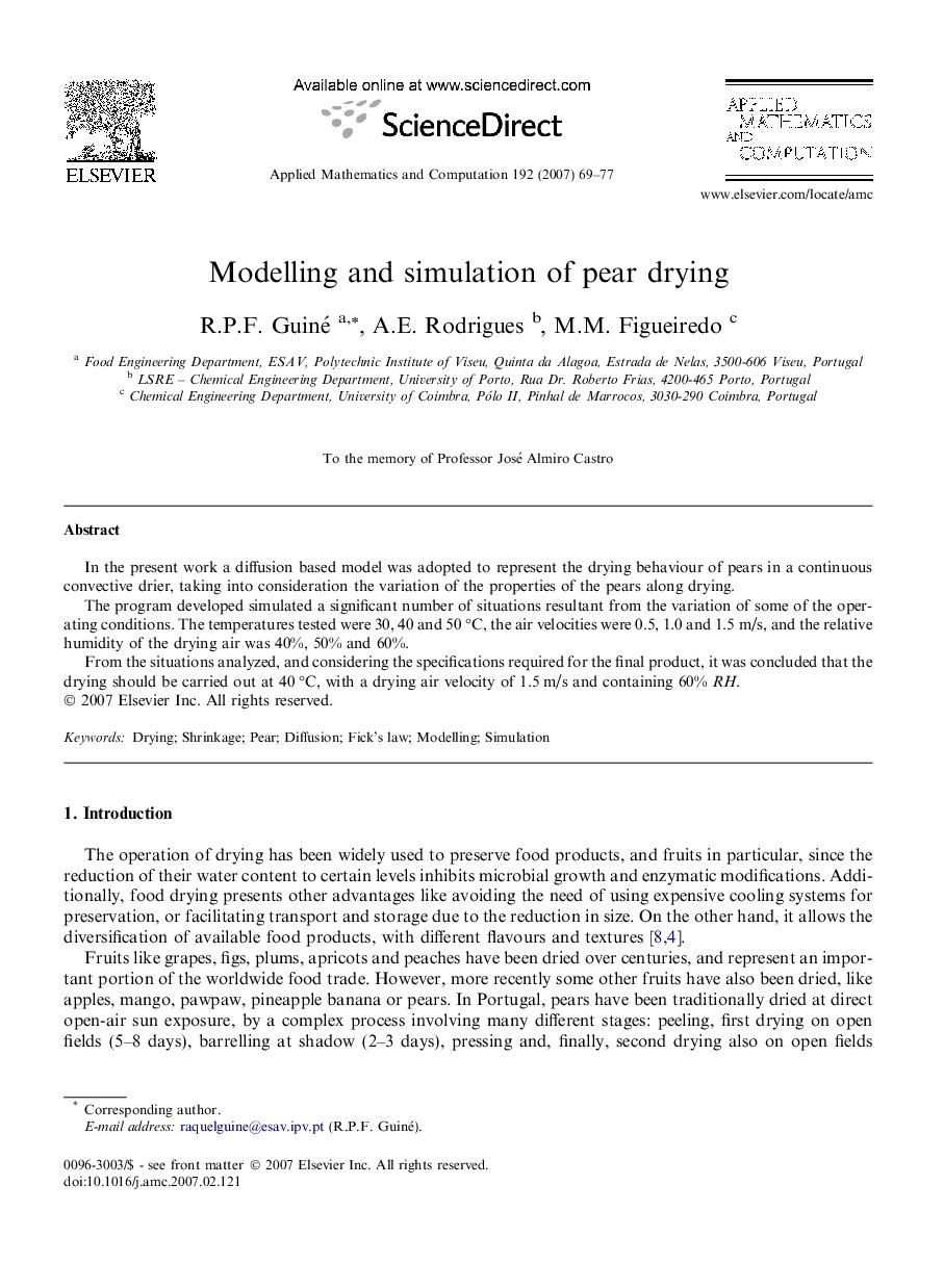 Modelling and simulation of pear drying