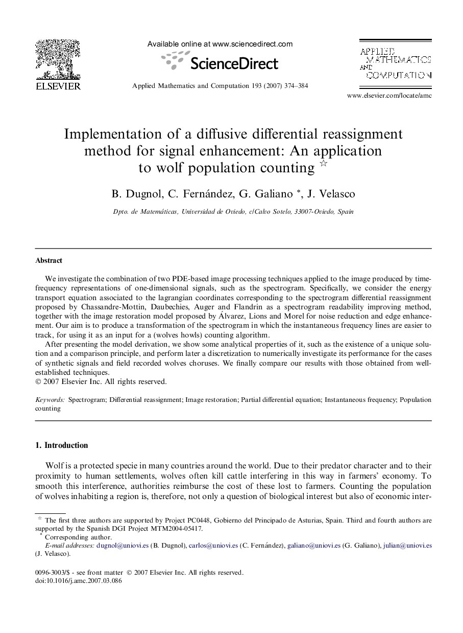 Implementation of a diffusive differential reassignment method for signal enhancement: An application to wolf population counting