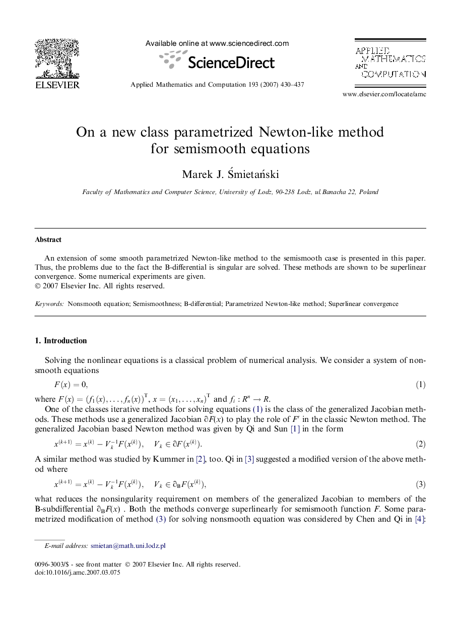 On a new class parametrized Newton-like method for semismooth equations