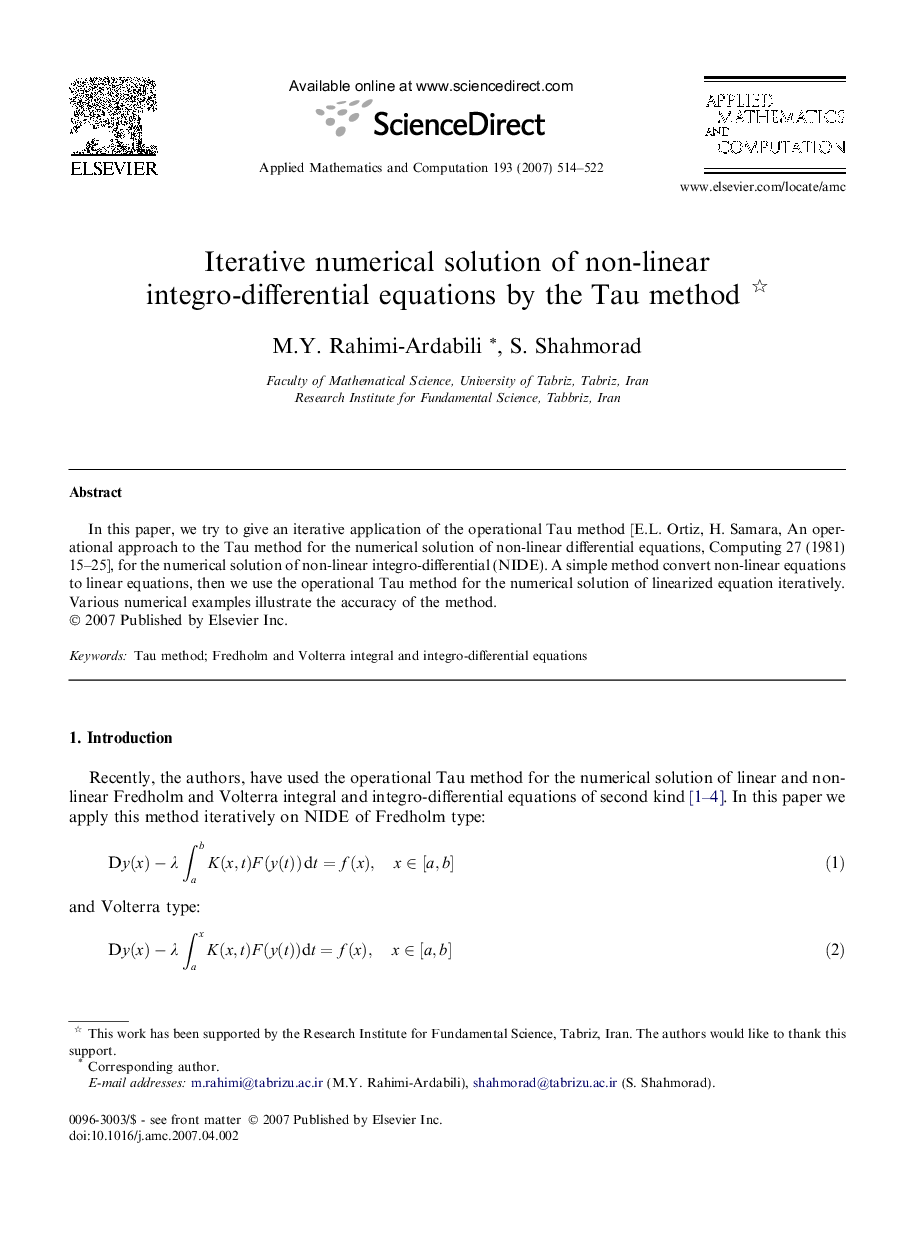 Iterative numerical solution of non-linear integro-differential equations by the Tau method