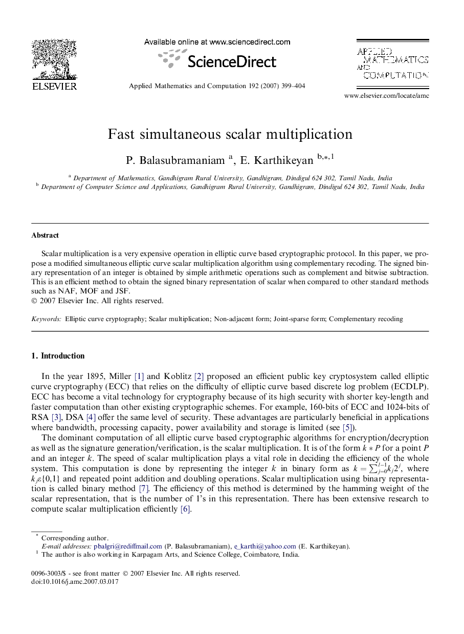 Fast simultaneous scalar multiplication