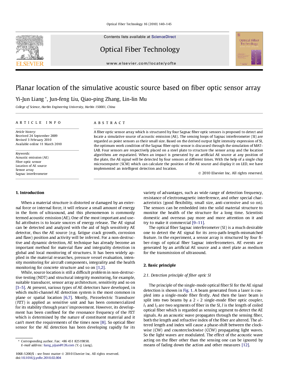 Planar location of the simulative acoustic source based on fiber optic sensor array