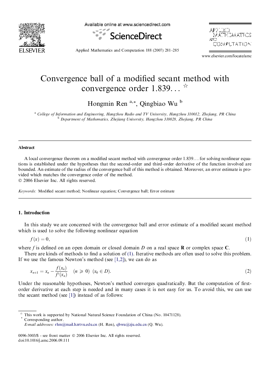 Convergence ball of a modified secant method with convergence order 1.839â¦