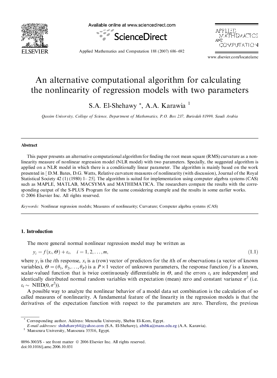 An alternative computational algorithm for calculating the nonlinearity of regression models with two parameters