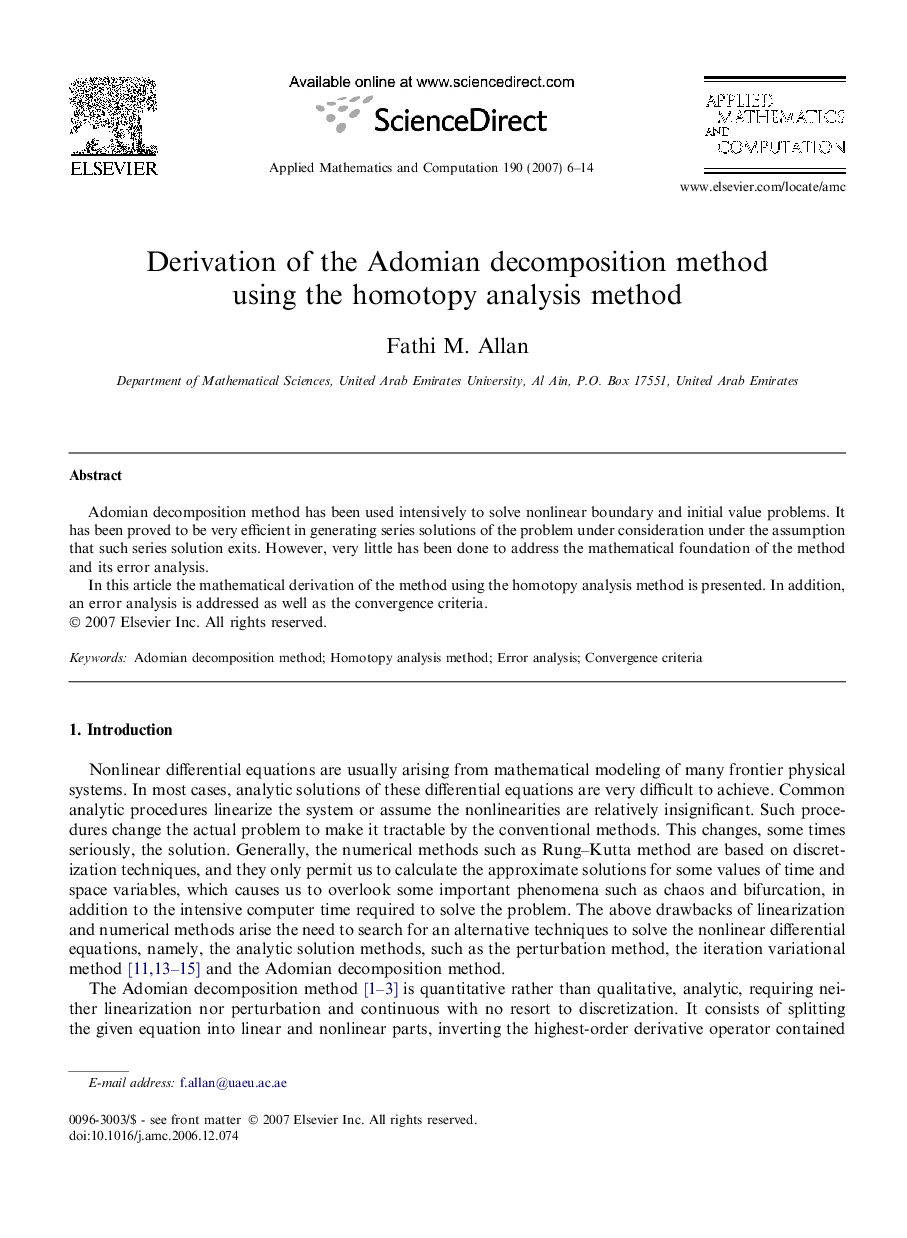 Derivation of the Adomian decomposition method using the homotopy analysis method