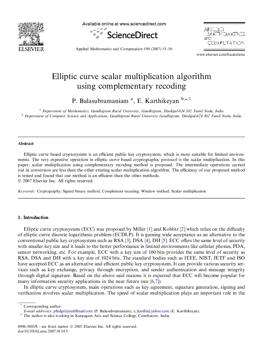 Elliptic curve scalar multiplication algorithm using complementary recoding