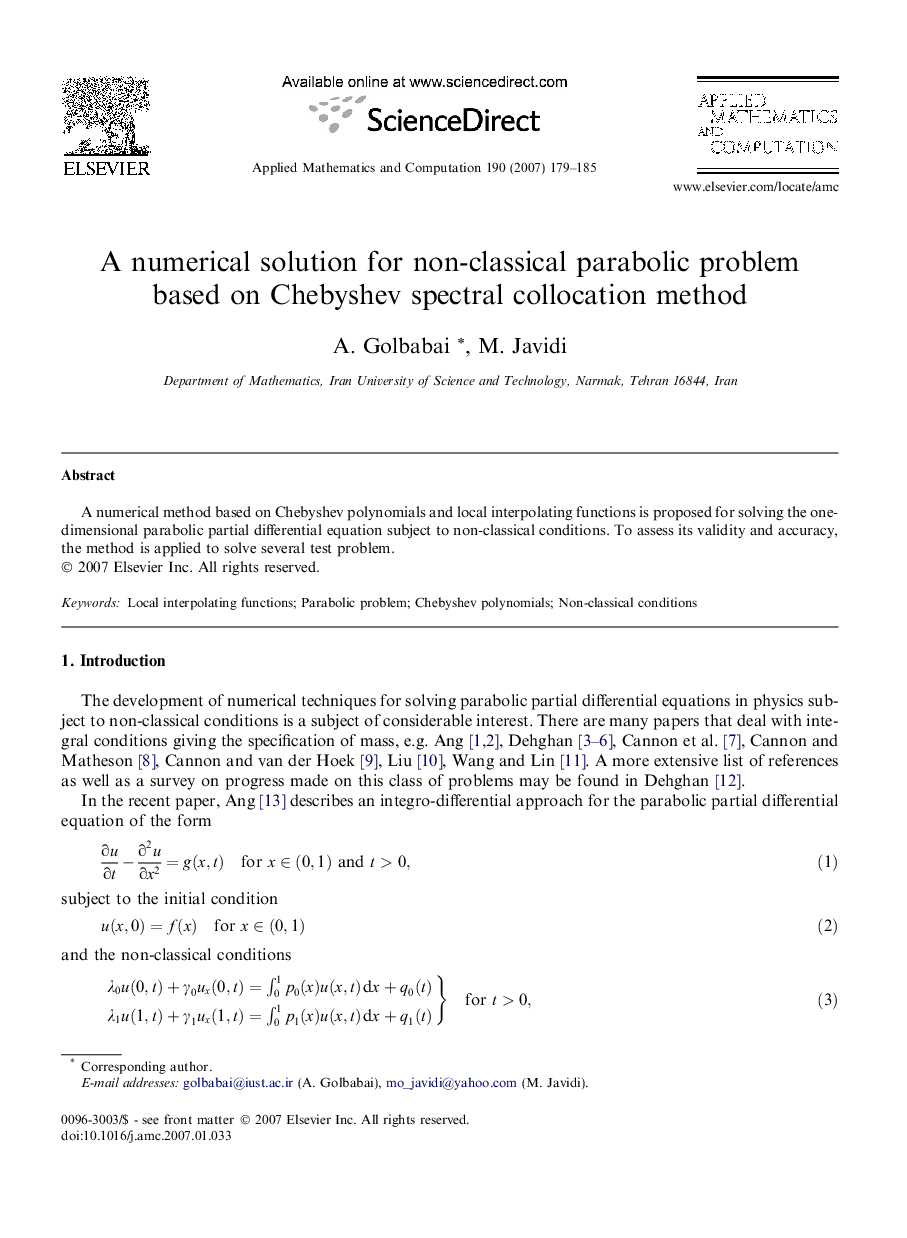 A numerical solution for non-classical parabolic problem based on Chebyshev spectral collocation method