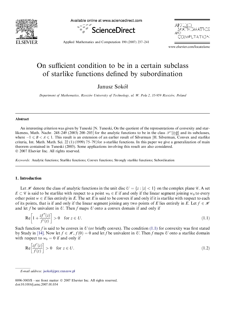 On sufficient condition to be in a certain subclass of starlike functions defined by subordination