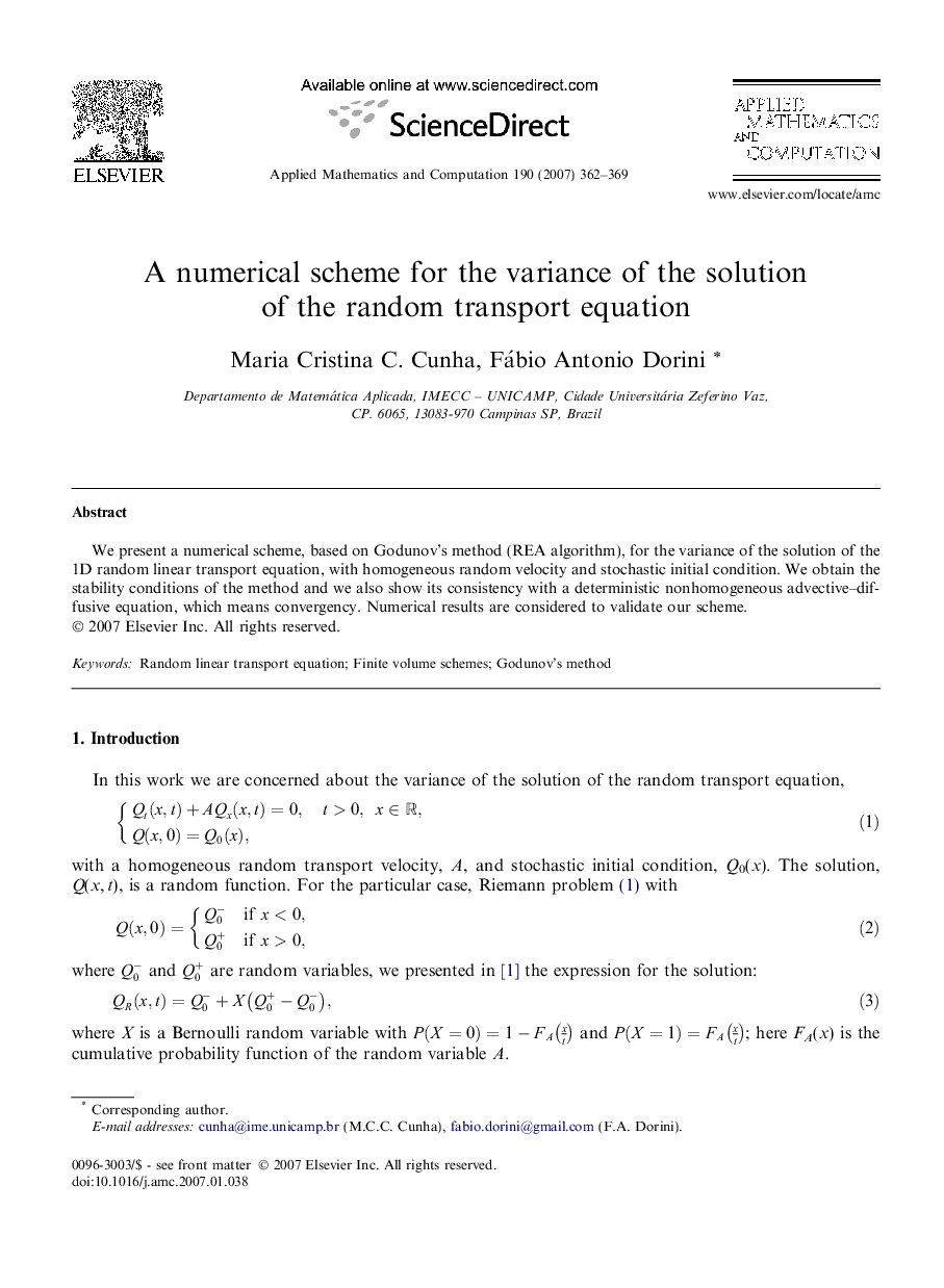 A numerical scheme for the variance of the solution of the random transport equation