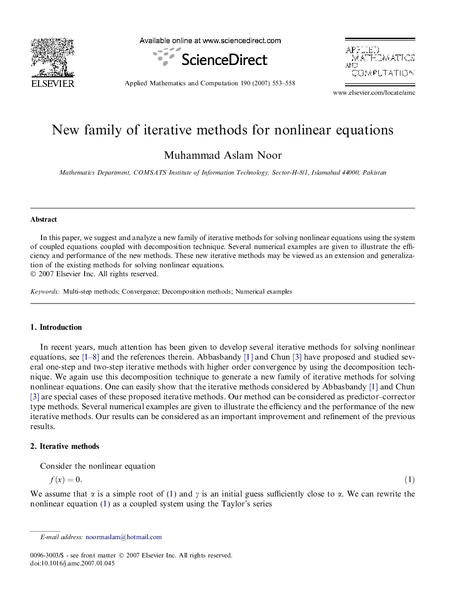 New family of iterative methods for nonlinear equations