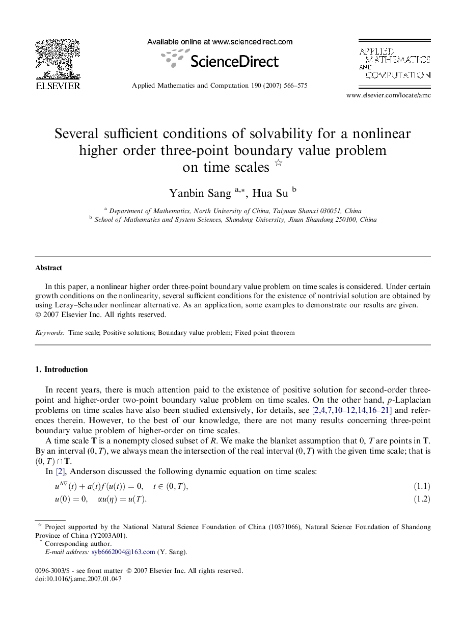 Several sufficient conditions of solvability for a nonlinear higher order three-point boundary value problem on time scales