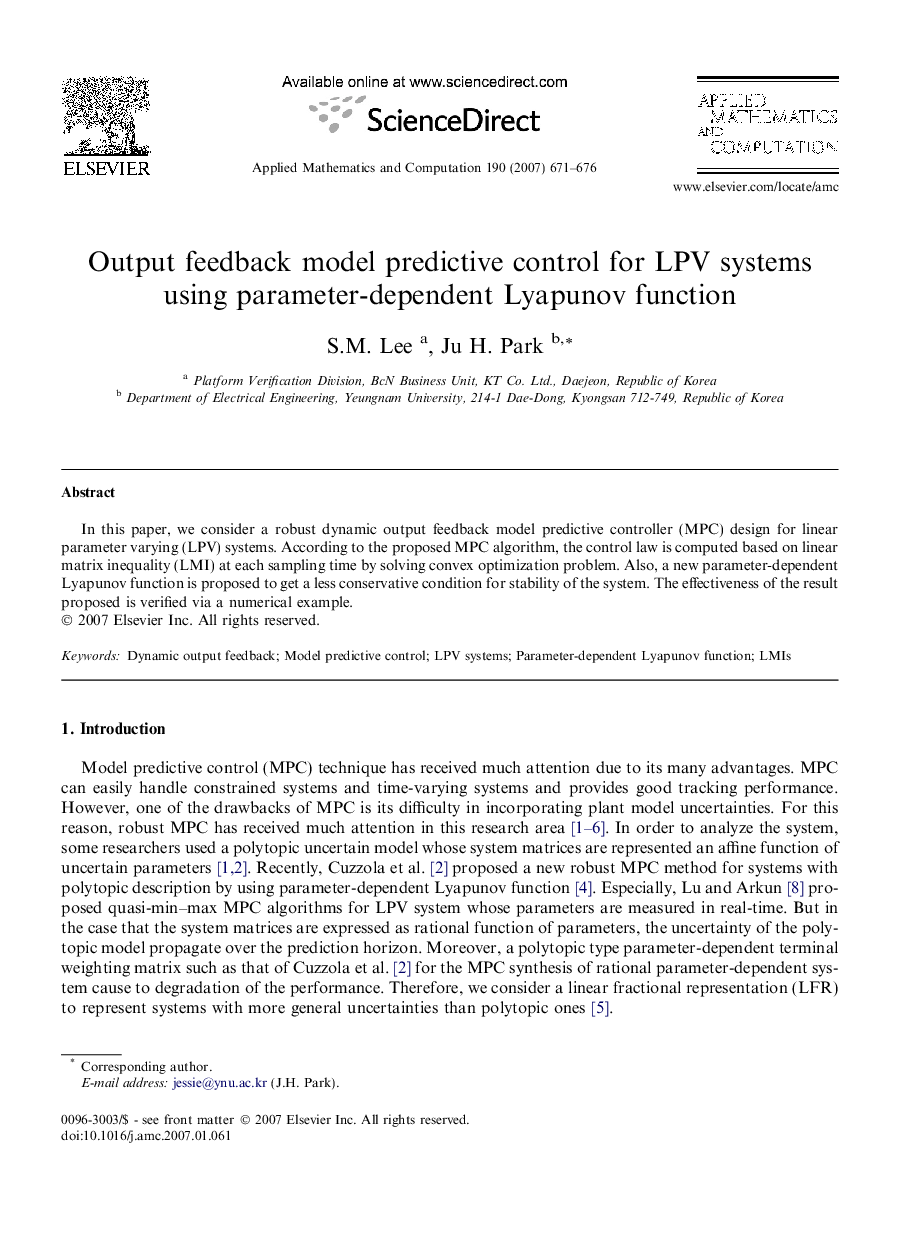 Output feedback model predictive control for LPV systems using parameter-dependent Lyapunov function