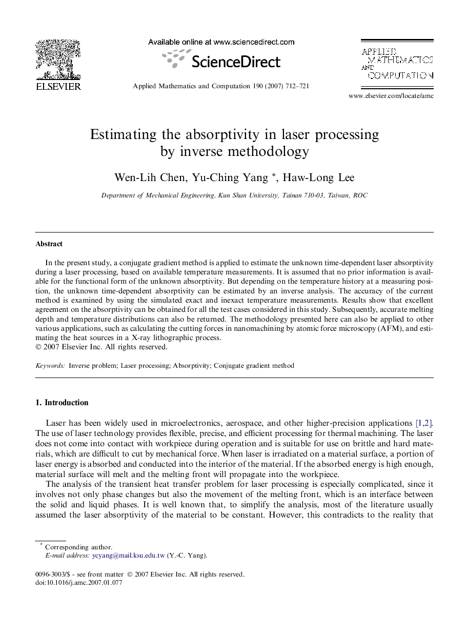 Estimating the absorptivity in laser processing by inverse methodology