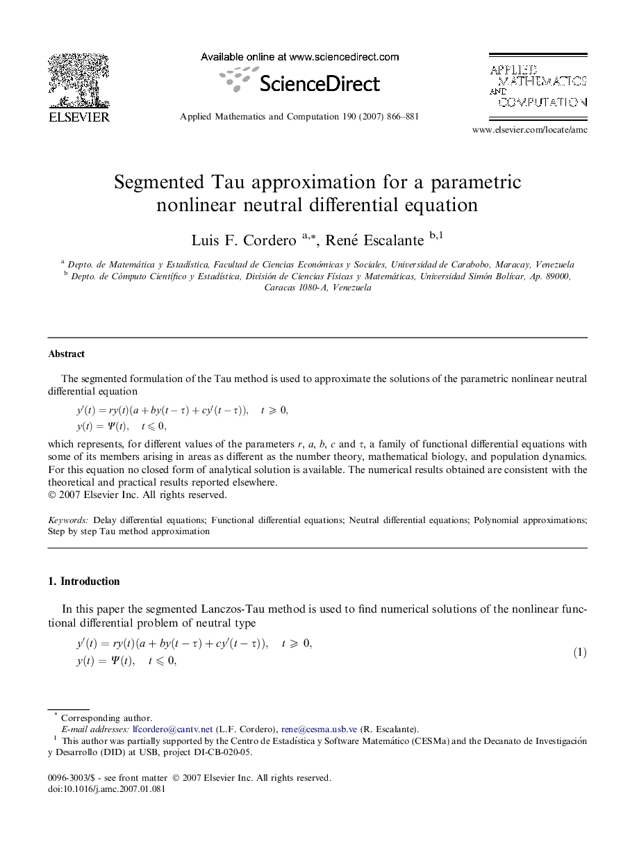 Segmented Tau approximation for a parametric nonlinear neutral differential equation